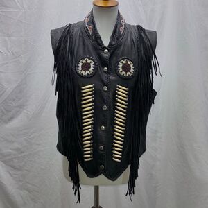 Vtg Tribal America Beads & Fringe Native black leather biker vest XXL